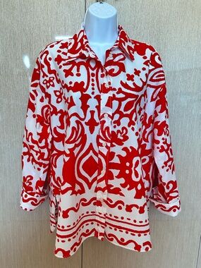 NEW ZARA Red & White Printed Button-Up Blouse 100% Cotton Size M